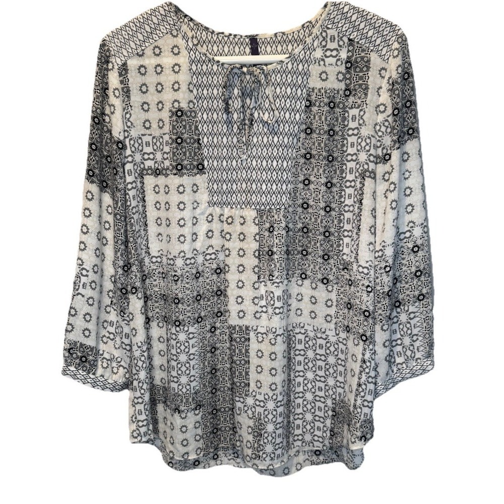 NYDJ Black White Brown Patchwork 3/4 Sleeve Tie Womens Tunic Top M Boho Peasant‎